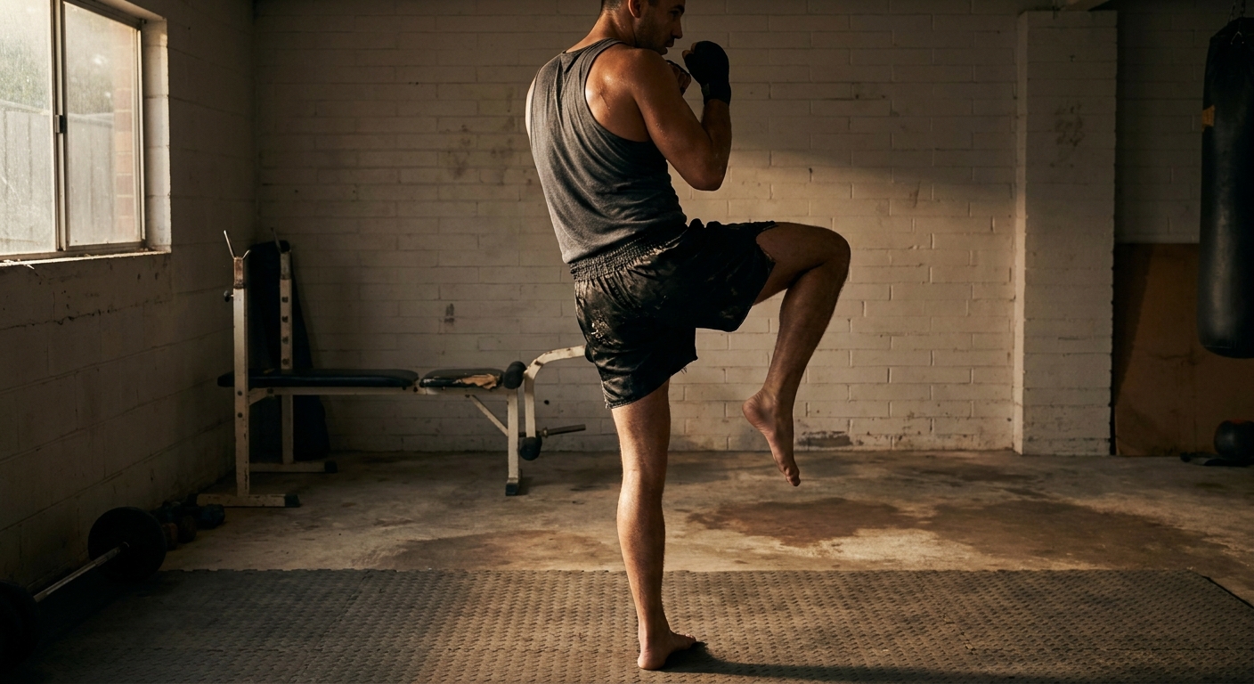 Boxer in black boxing shorts and grey tank top chambering a rear knee to hip height in a garage home gym with concrete floor and brick wall, afternoon light creating real shadows across rubber floor mats