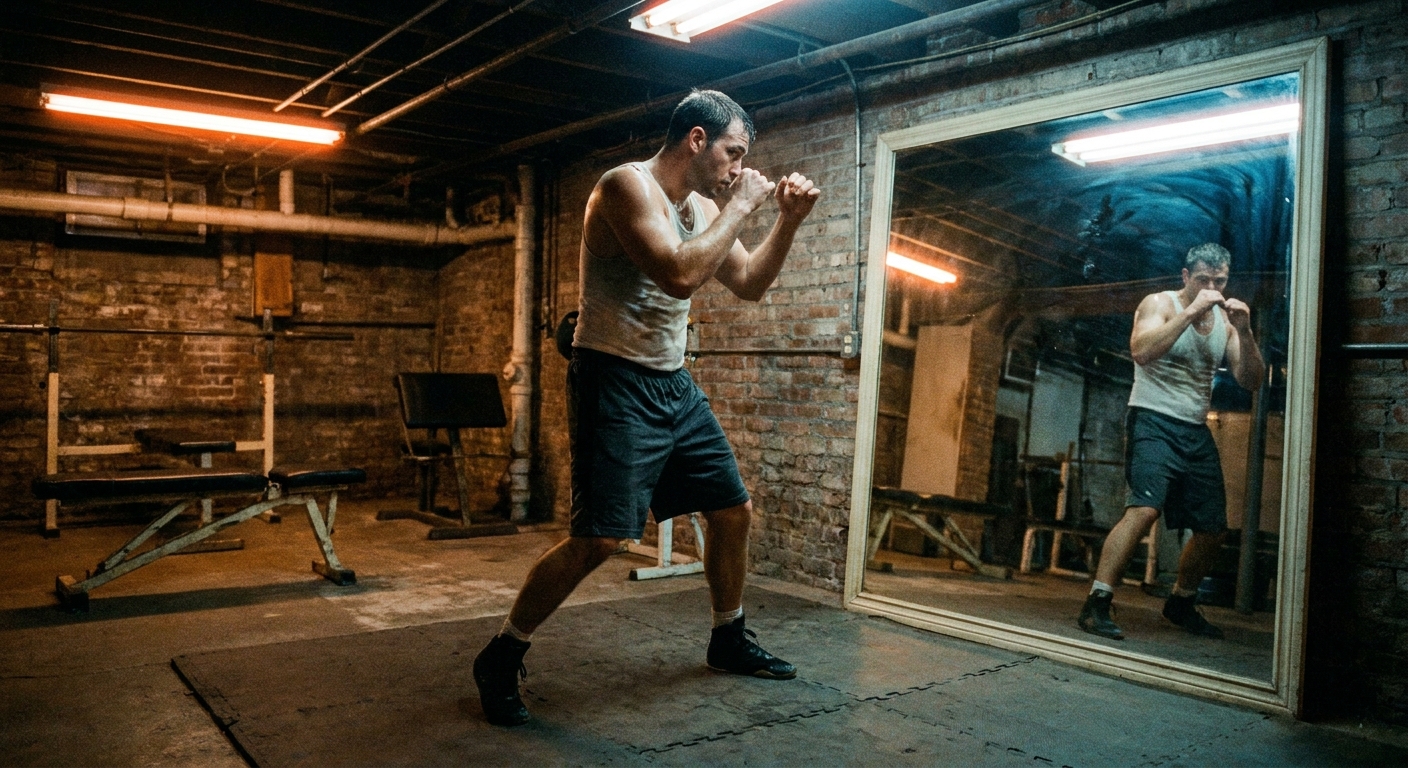 Male boxer shadowboxing in front of a mirror in a small basement gym, caught in a guard position with hands up, mirror reflection showing both the person and reflection, dim fluorescent overhead lighting