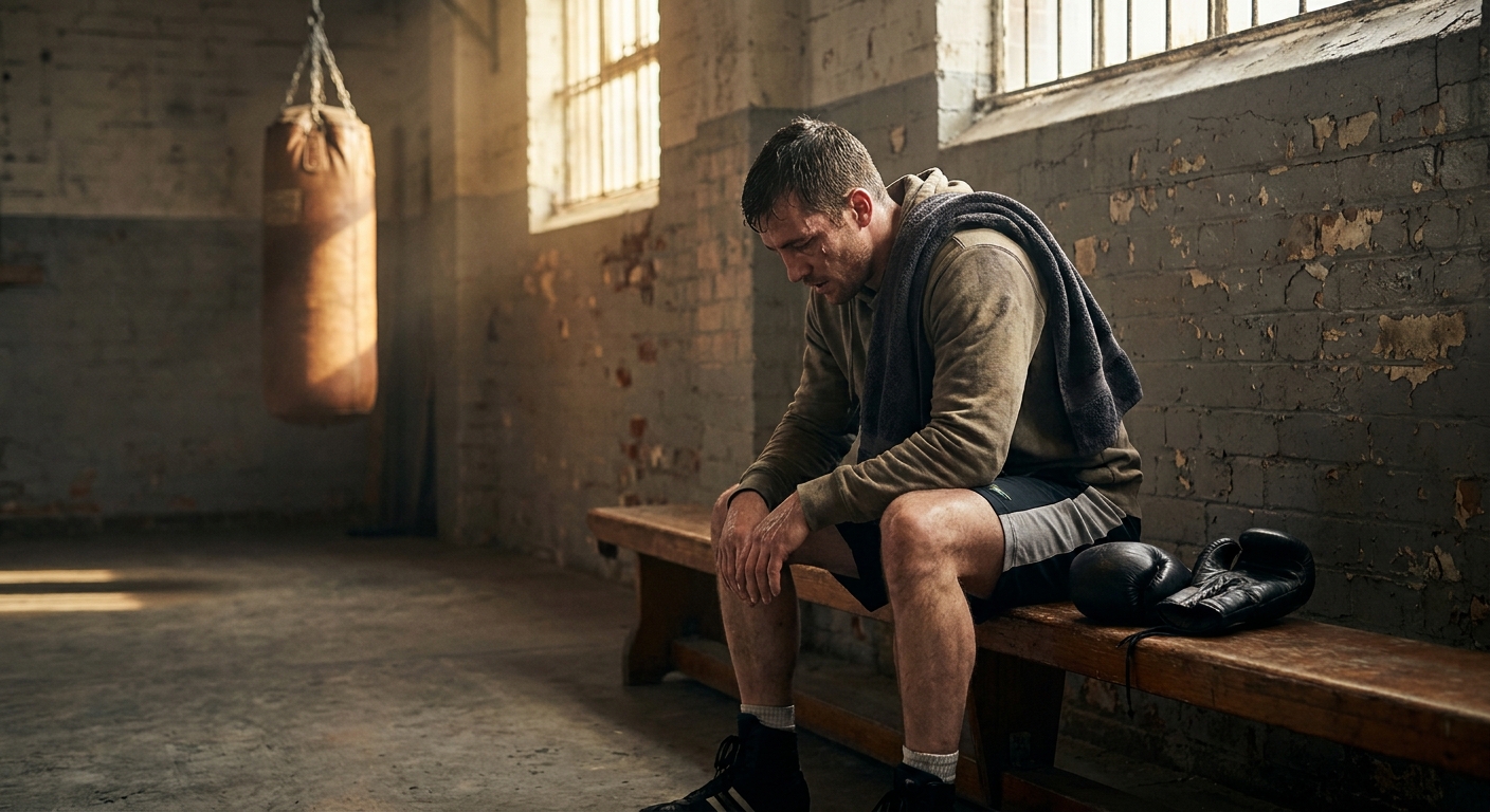 Boxer seated on a worn wooden gym bench after training, elbows on knees, sweat towel over the neck, black boxing gloves beside them, heavy bag blurred in background, old gym with peeling paint and afternoon light