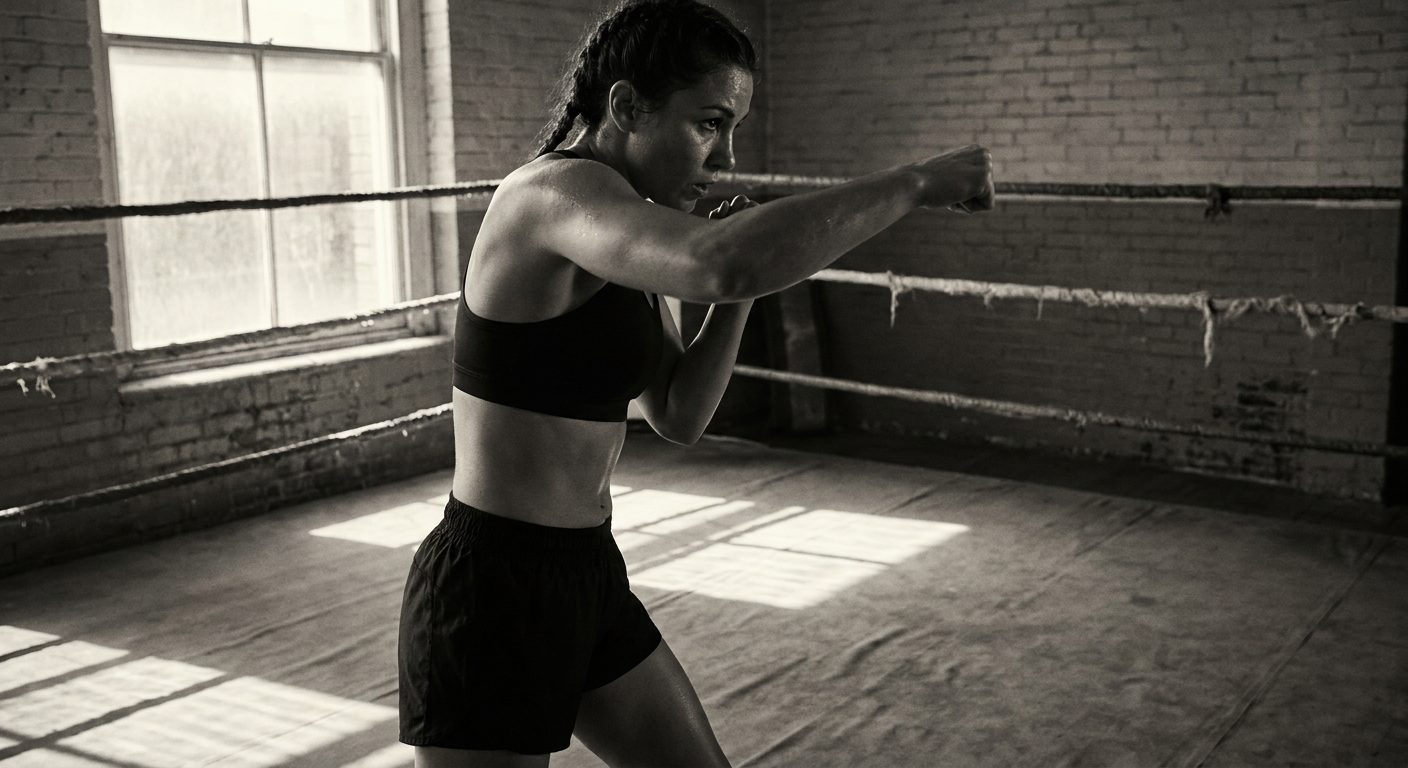 Female MMA fighter shadowboxing in a classic old-school boxing gym, mid-distance shot, worn ring ropes and faded brick wall in background, high-contrast desaturated photograph