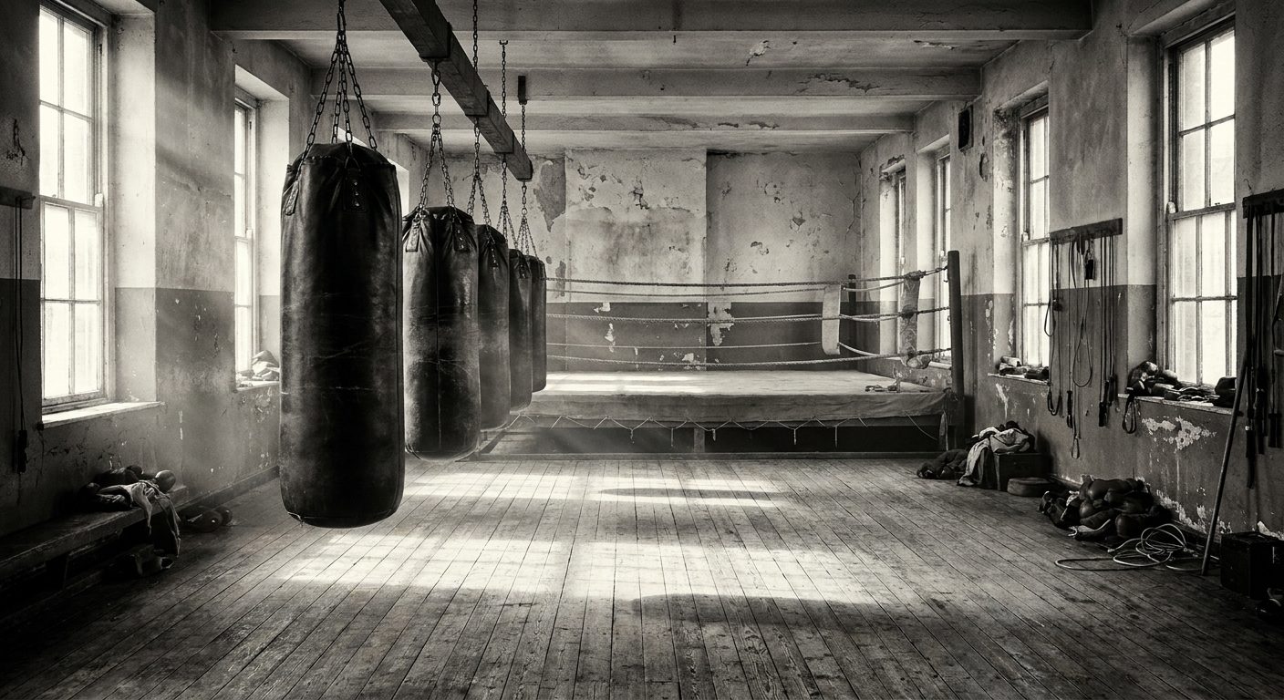 Wide environmental shot of a classic old-school boxing gym interior with wooden floor, worn heavy bags hanging in a row, peeling paint on walls, and an empty ring in the background, high-contrast desaturated photograph