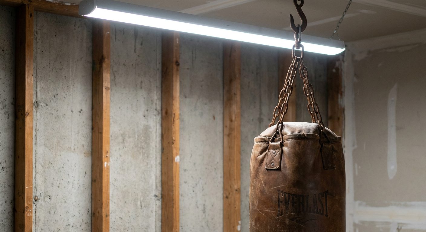 Close-up of a worn heavy bag hanging from a steel chain swivel mount against a concrete garage wall with exposed studs and a single LED overhead