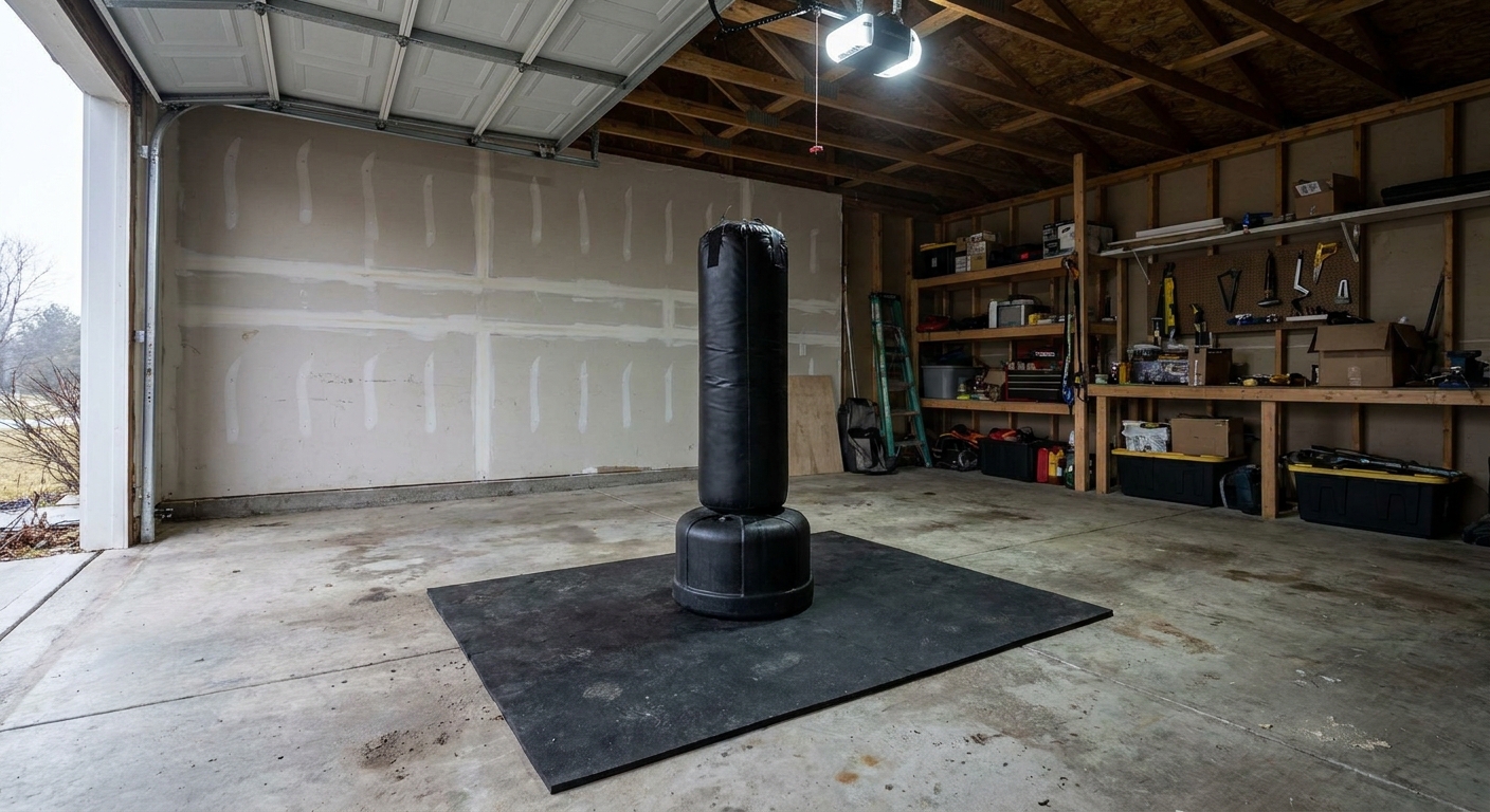 Wide environmental shot of a plain free-standing heavy bag on a rubber mat in a home garage with concrete floor, bare walls, and soft overhead LED lighting