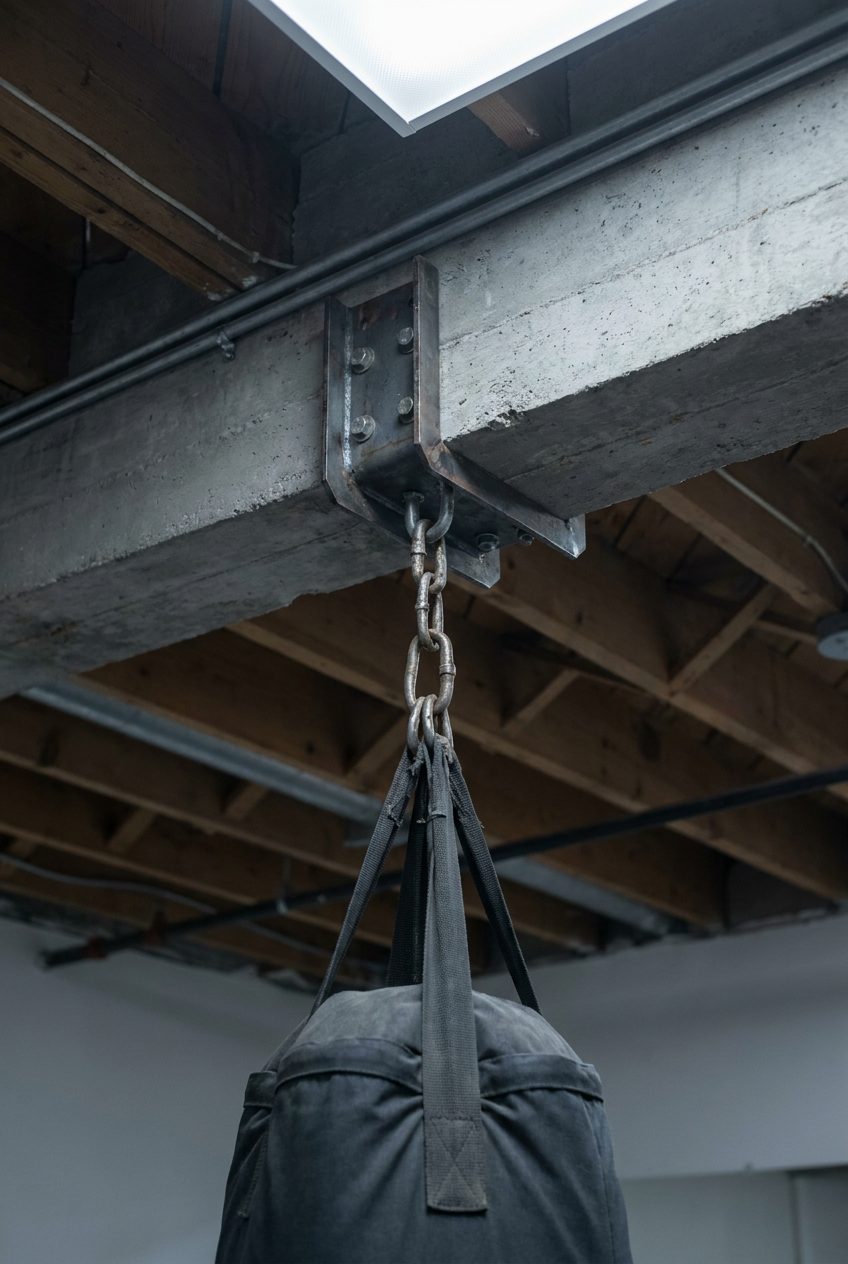 Close-up vertical shot of a steel ceiling mount bracket and chain swivel for a hanging heavy bag, with exposed garage joists and a single LED overhead casting soft shadows