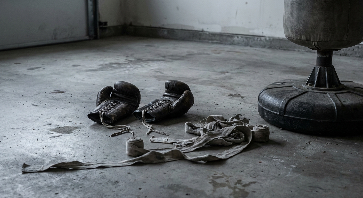 Mid-shot of boxing hand wraps and bag gloves laid out on a concrete garage floor beside a heavy bag base, soft diffuse grey lighting, no person in frame