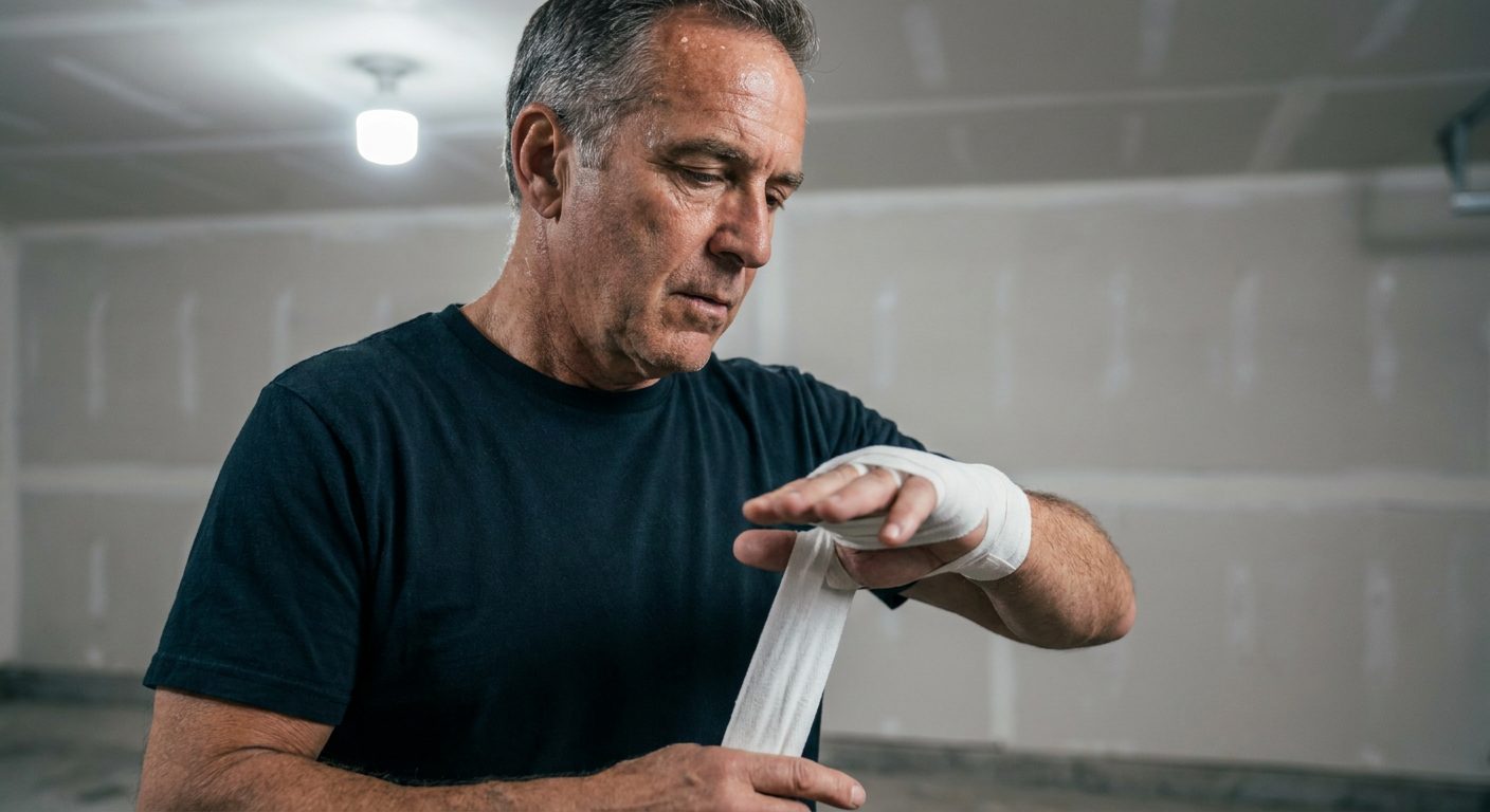 Tight portrait of an older male boxer in his 50s wrapping his hands with white cloth hand wraps in a home garage gym, plain drywall wall behind him, bright overhead LED lighting