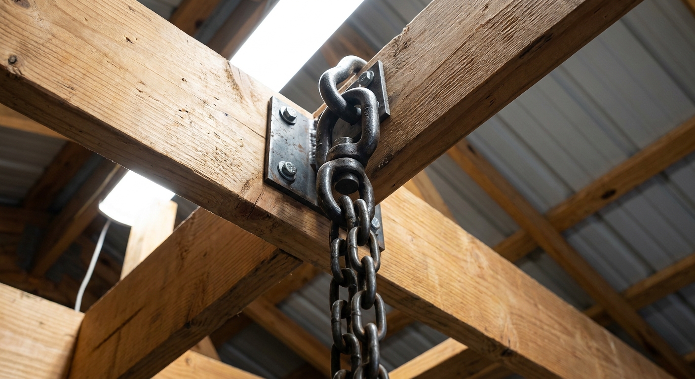 Forged steel swivel hook and heavy-duty chain mounted to wooden garage rafter, lag screws and metal backing plate visible, shot from below looking up
