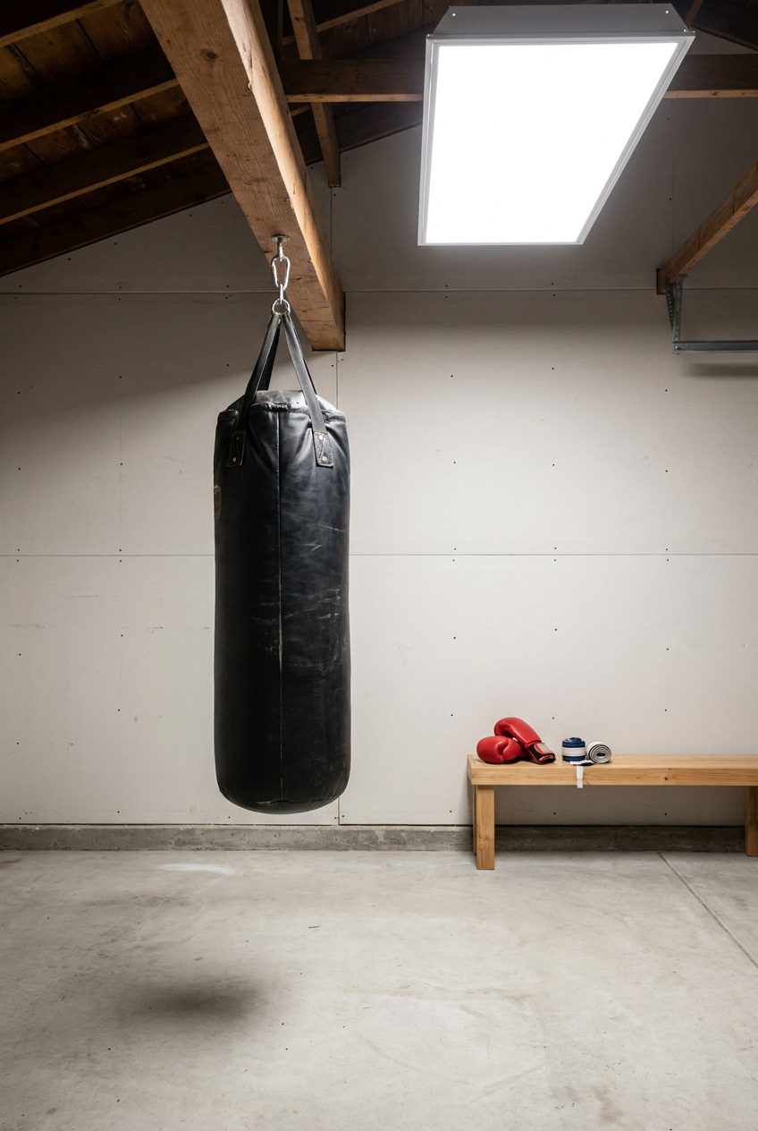 Wide environmental shot of a black leather heavy bag hanging from a wooden rafter in a home garage gym, concrete floor, plain drywall walls, boxing gloves on bench in background, bright overhead LED lighting