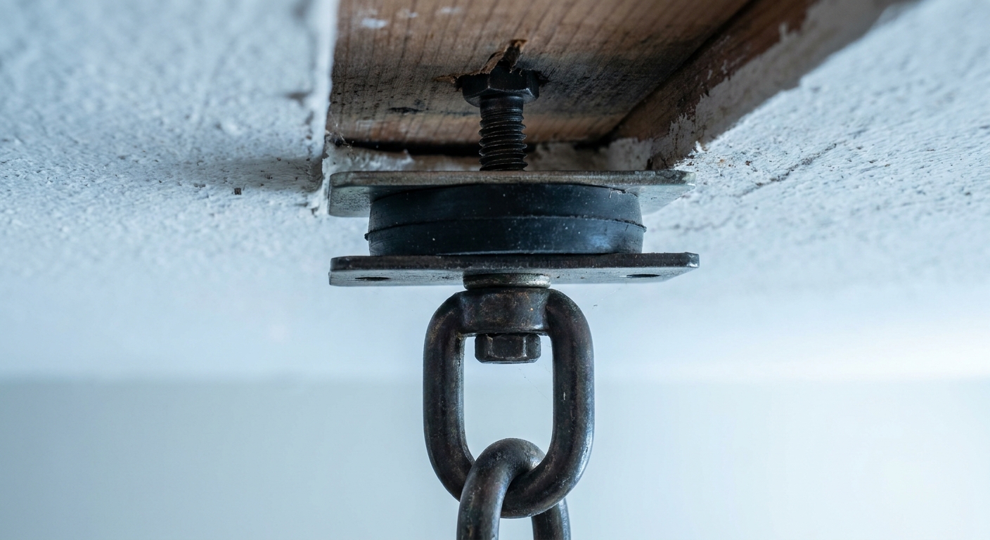 Close-up macro view looking up at a heavy bag ceiling mount swivel hook with a lag bolt and black rubber vibration isolator washer against an apartment ceiling