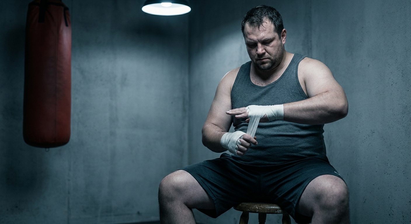 Stocky male boxer in his 30s sitting on a stool in an apartment corner, wrapping his hands with white cotton wraps, red heavy bag blurred in background, cool desaturated high-contrast light
