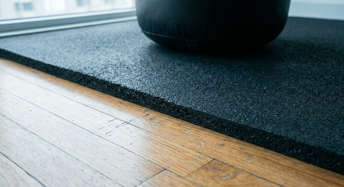 Close-up of a thick black rubber mat on a hardwood apartment floor with a heavy bag base partially visible resting on it, small scuff marks visible on the wood outside the mat edge, cool blue-white daylight
