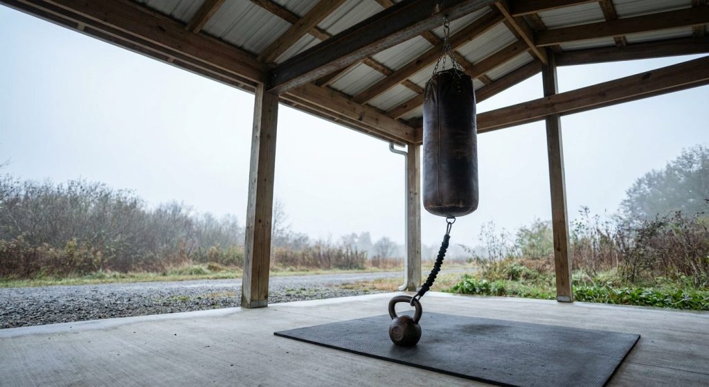 Wide shot of an outdoor covered patio training space with a leather heavy bag hanging from a steel beam, bungee cord running from the bag bottom to a floor kettlebell anchor