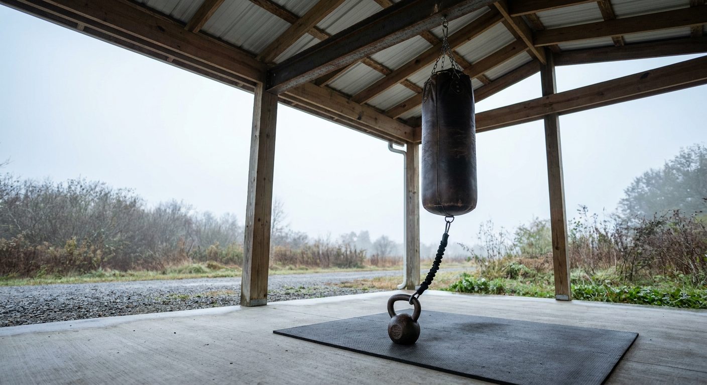 Wide shot of an outdoor covered patio training space with a leather heavy bag hanging from a steel beam, bungee cord running from the bag bottom to a floor kettlebell anchor