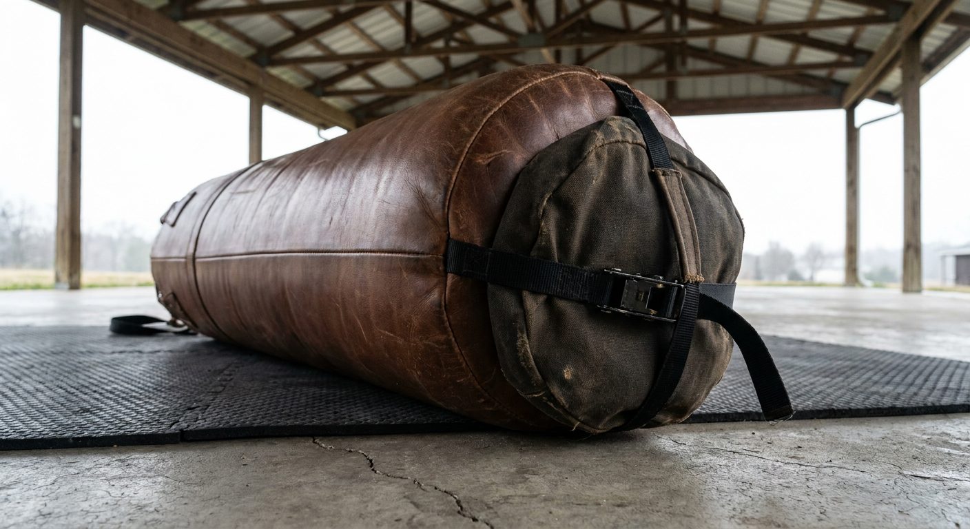 Mid-shot of the bottom of a leather heavy bag with a weighted sandbag strapped to the base on a rubber mat, outdoor covered setting with cool overcast daylight