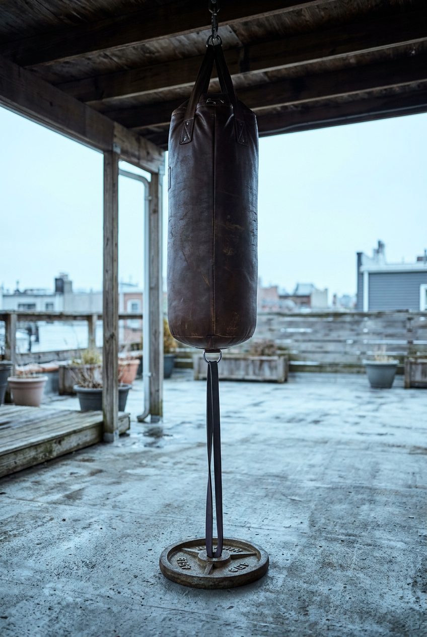 Portrait-oriented wide shot of a hanging heavy bag in an outdoor covered rooftop space, resistance band running from bottom D-ring to a weight plate on the concrete floor