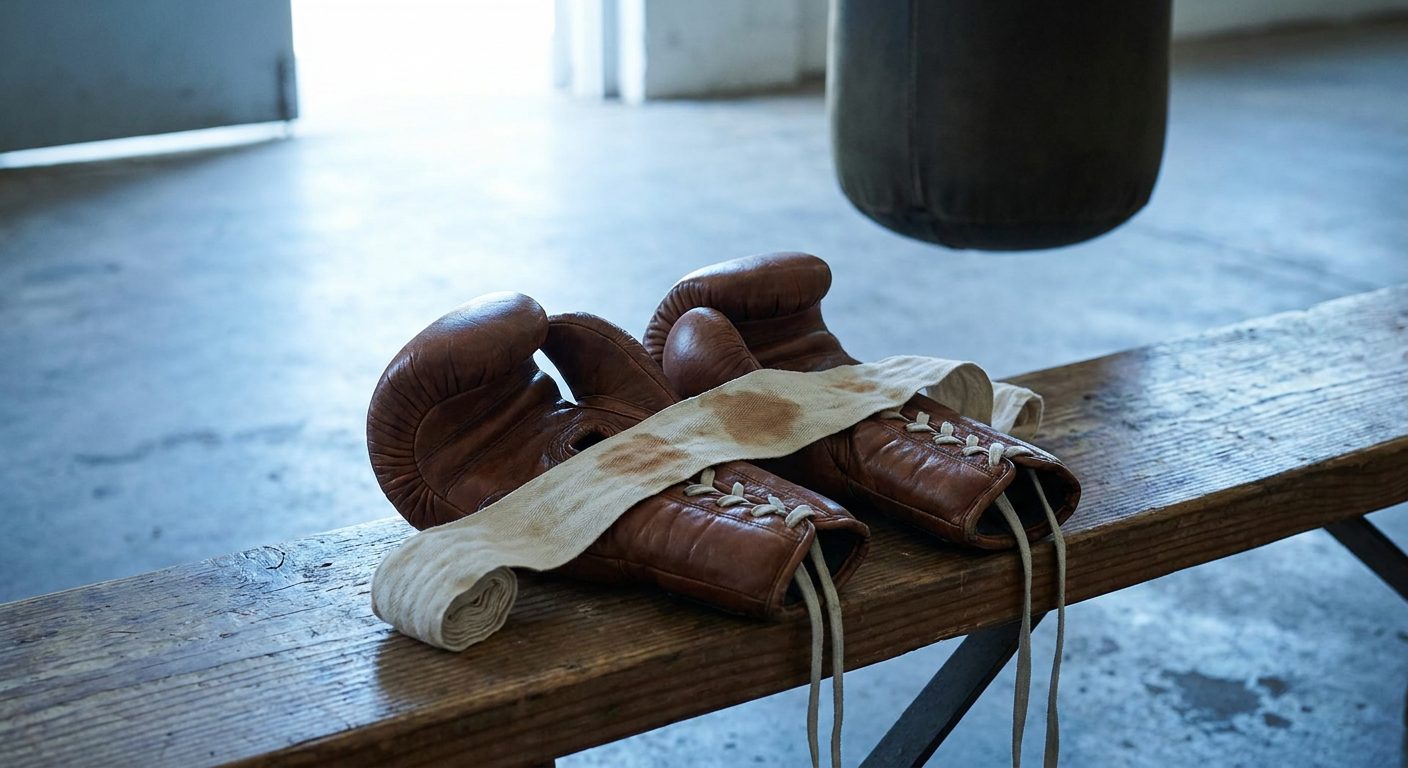 Close-up of worn lace-up boxing gloves resting on a wooden bench with Mexican-style hand wraps draped across them, cool daylight from an open doorway
