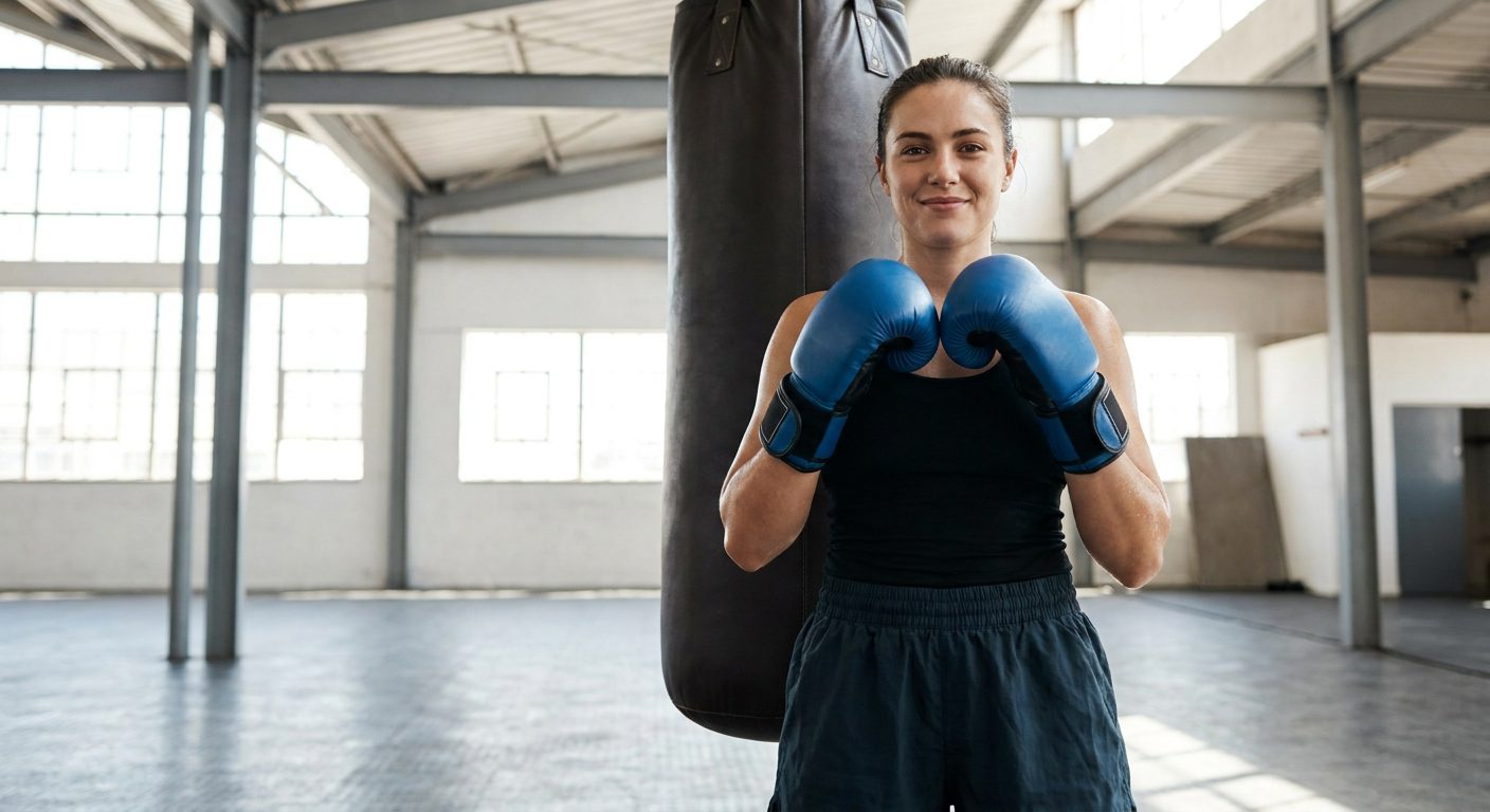 Female boxer standing at ease in a bright modern gym in front of a heavy bag, wearing 14oz bag gloves with wrist straps, slight smile, visible sweat on forearms