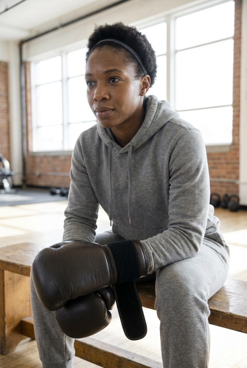 Close-up portrait of a female boxer seated on a wooden gym bench between rounds, 12oz bag gloves resting in her lap with wrist straps loosened, bright gym daylight behind her