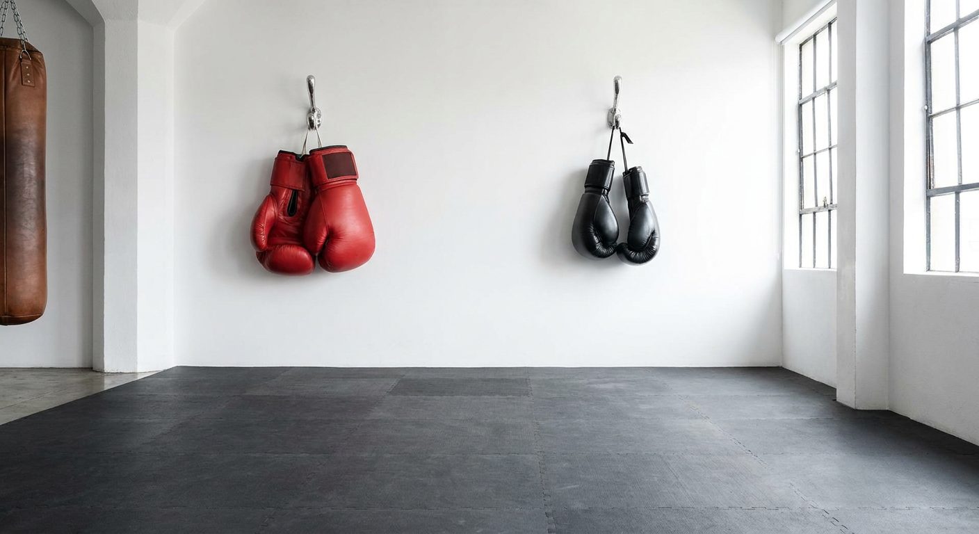 Wide environmental shot of a bright modern boxing gym, two pairs of boxing gloves hanging on adjacent hooks on a clean wall, one heavier red sparring pair and one lighter black bag pair, heavy bag visible at frame edge