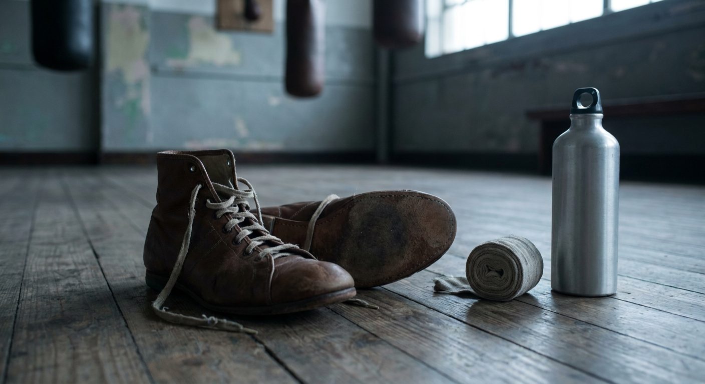 Worn boxing shoes with laces loose, hand wraps and water bottle on a wooden gym floor in a classic old-school boxing gym, overcast diffuse soft grey light