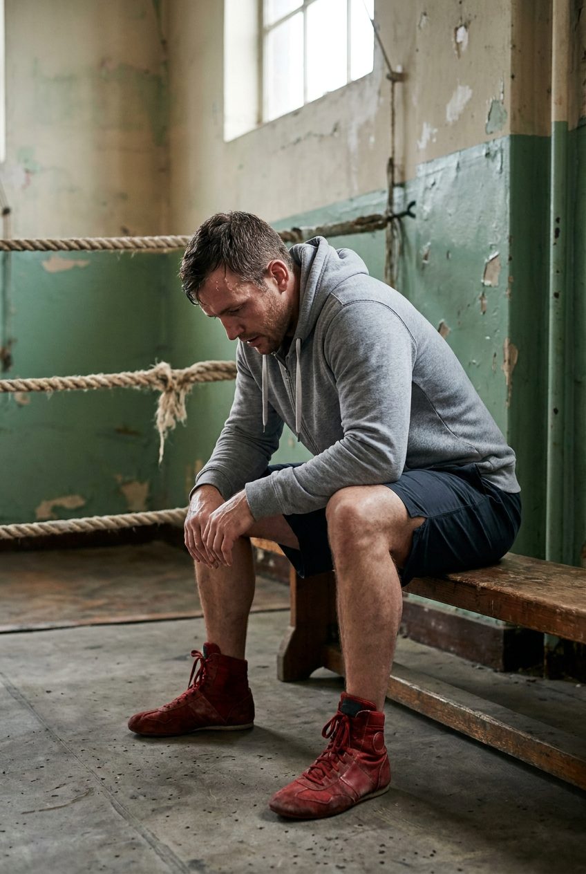 Solo male boxer seated on a bench in a classic boxing gym, elbows on knees and head down after a round, boxing shoes still on, sweat on forehead, worn ring ropes in background, overcast diffuse soft grey light