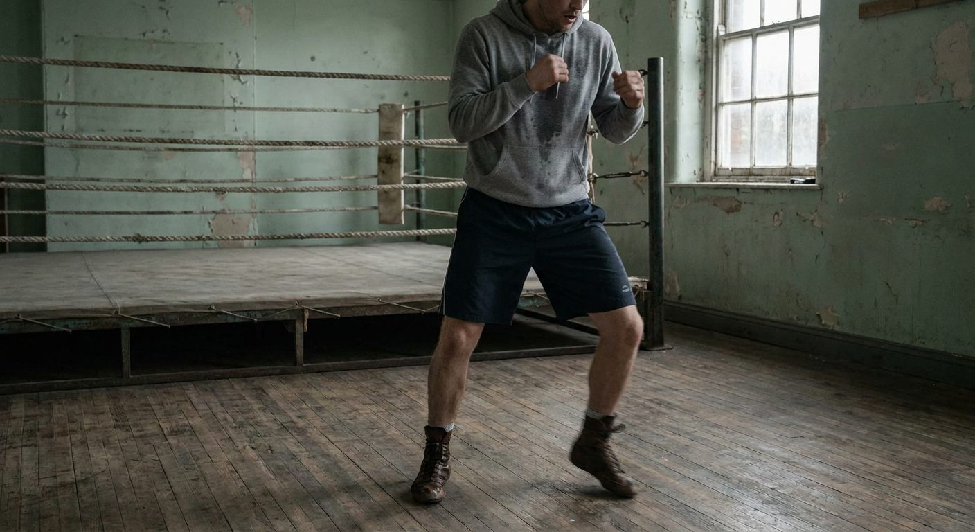 Male boxer shadowboxing with lateral footwork in a classic old-school boxing gym, slightly blurred feet showing movement, worn ring visible in background, overcast diffuse soft grey light