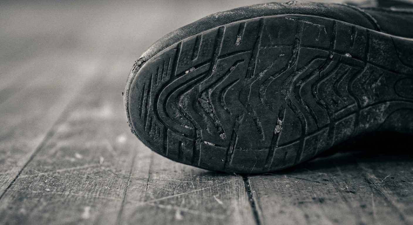Extreme macro close-up of a well-worn boxing shoe sole showing rubber tread pattern and scuff marks from regular training, on an old wooden gym floor, muted desaturated color grade
