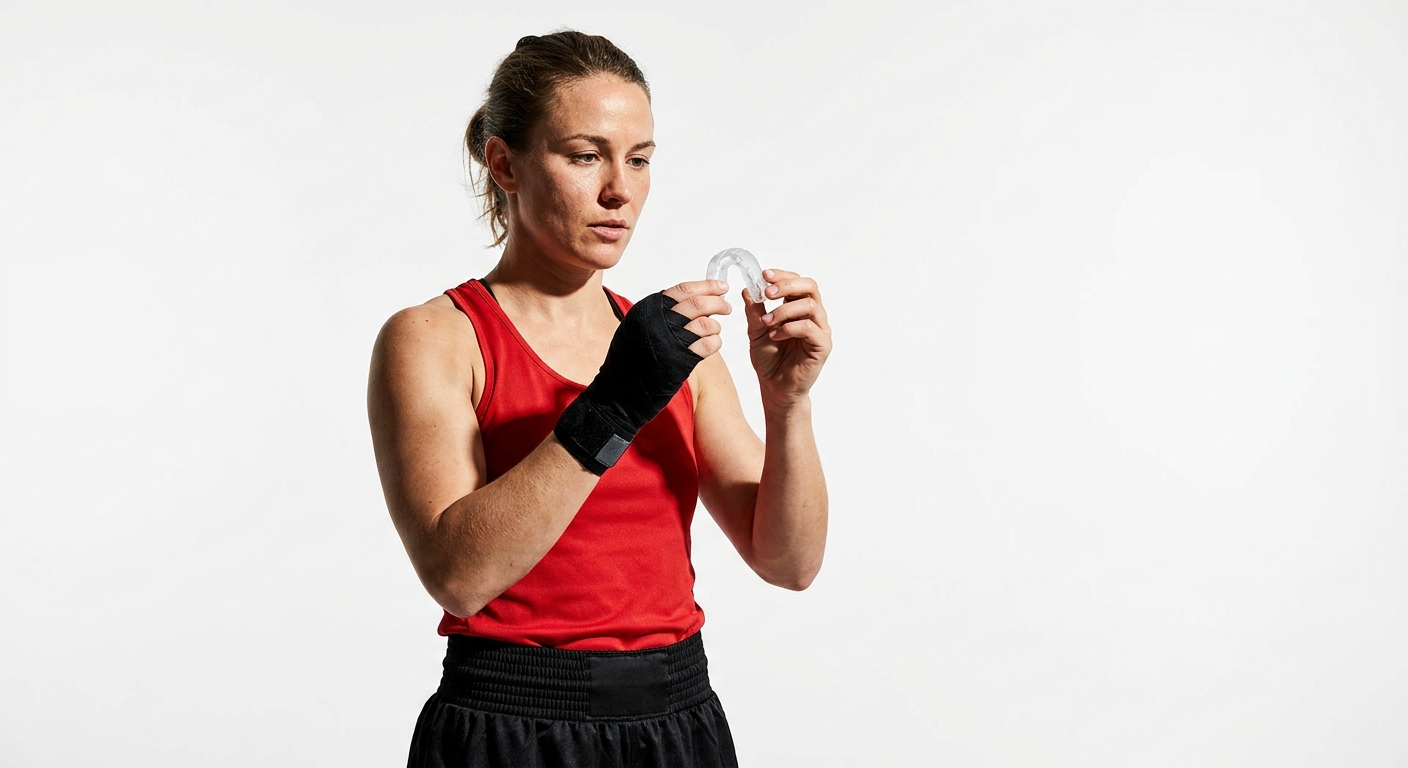 Female boxer in a studio setting holding a mouthguard and examining it before inserting it, pre-training gear check, bright commercial studio lighting