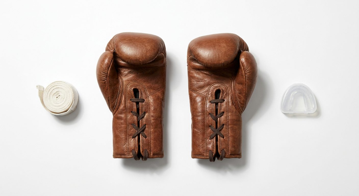 Overhead flat-lay on white studio surface of boxing gloves, hand wraps, and a clear mouthguard in its case, arranged as a sparring gear kit, commercial studio lighting