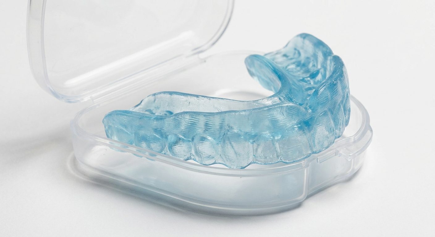 Close-up macro detail of a custom dental mouthguard sitting inside its hard plastic protective case, you can see individual tooth impressions molded into the clear material, studio side lighting