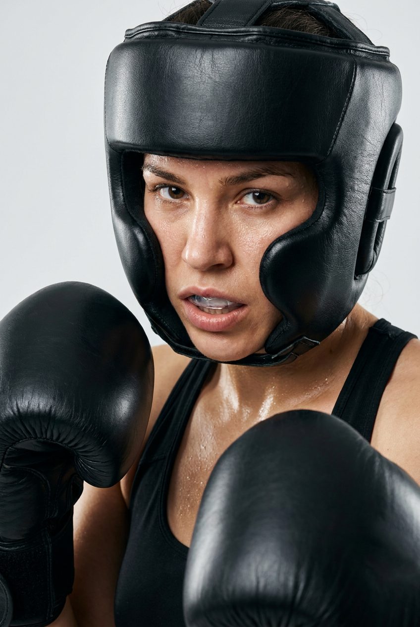 Female boxer in full headgear and gloves in fighting stance, mouthguard visible between her lips, tight portrait shot, natural sweat, plain grey studio backdrop, commercial studio lighting