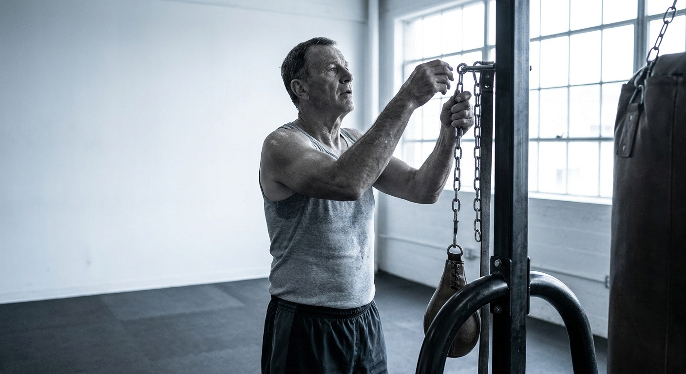 Masters-age boxer in his 50s threading bag chain through a floor-standing heavy bag stand in a bright modern gym with white walls and rubber flooring