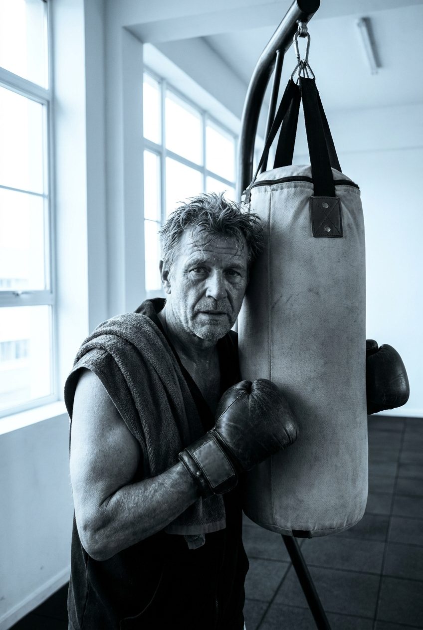 Tight portrait of an older boxer in his 50s catching breath beside a heavy bag stand, sweat towel over shoulder, high-contrast desaturated gym lighting