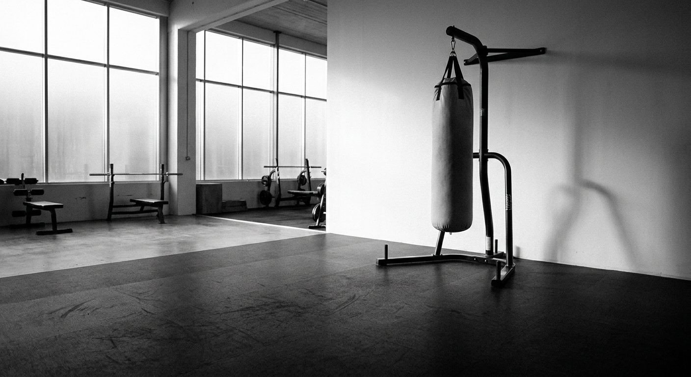 Wide environmental shot of a heavy bag on a floor-standing steel frame in a bright modern gym with white walls and rubber flooring, cool daylight, no person in frame
