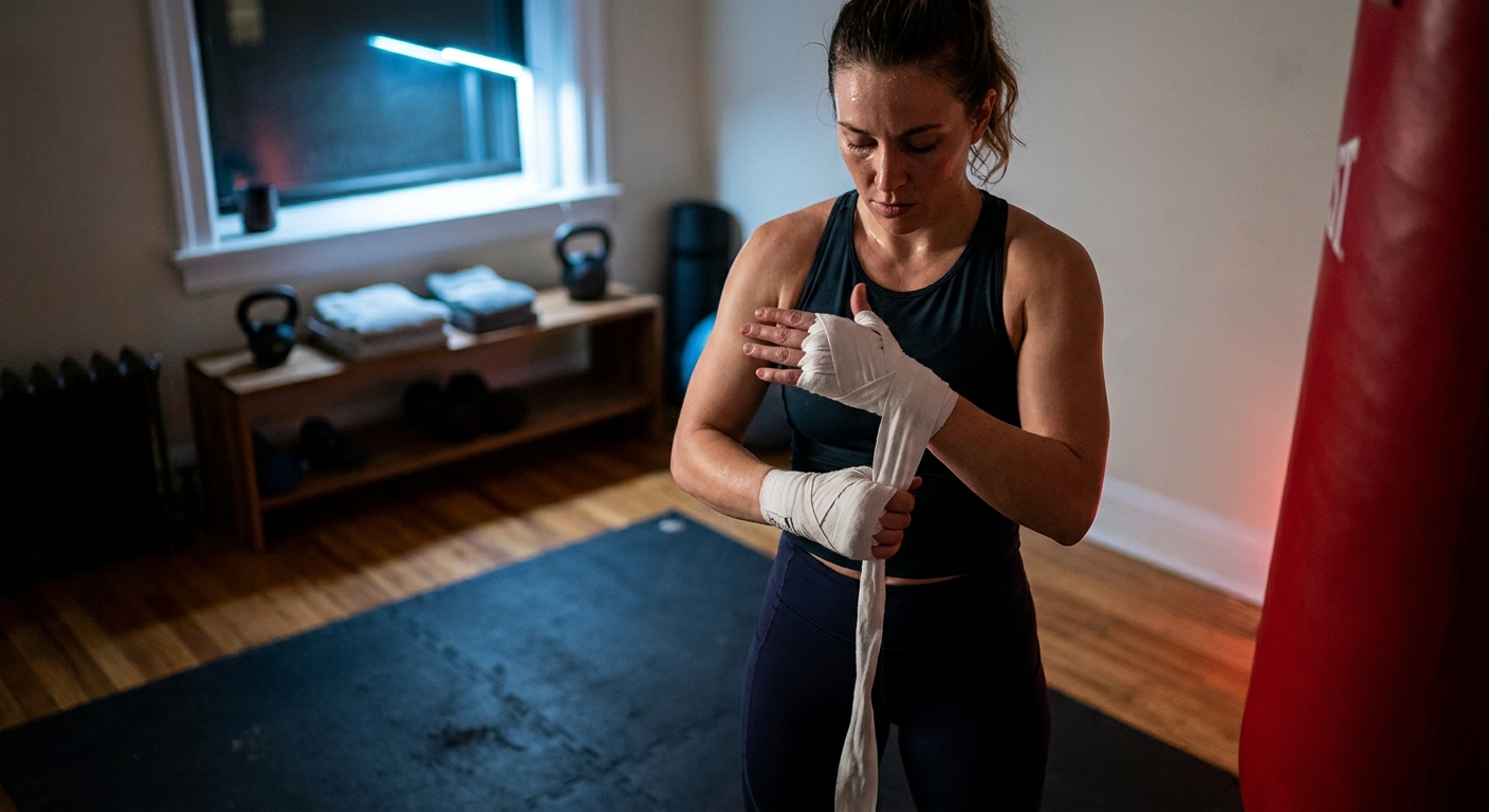 Woman wrapping hands with white cotton hand wraps in a sparse apartment corner gym, red heavy bag visible at edge of frame