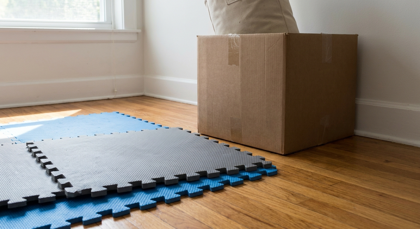 Interlocking EVA foam rubber floor tiles being laid on hardwood floor in a spare bedroom gym conversion