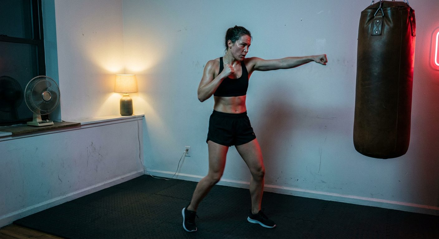 Woman shadowboxing in a small apartment corner gym with rubber mat flooring, red heavy bag out of focus at room edge, cool blue evening light