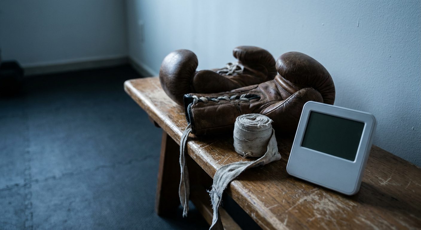 Close-up of boxing gloves and cotton hand wraps resting on a bench with a digital round timer, small apartment gym out of focus behind them