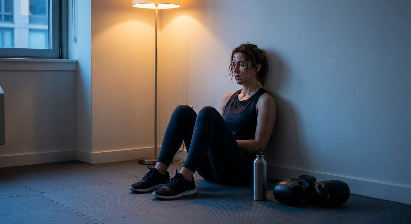 Woman seated on rubber mat against white wall after training, boxing gloves on floor beside her, authentic post-workout exhaustion, soft cool blue evening lamp light