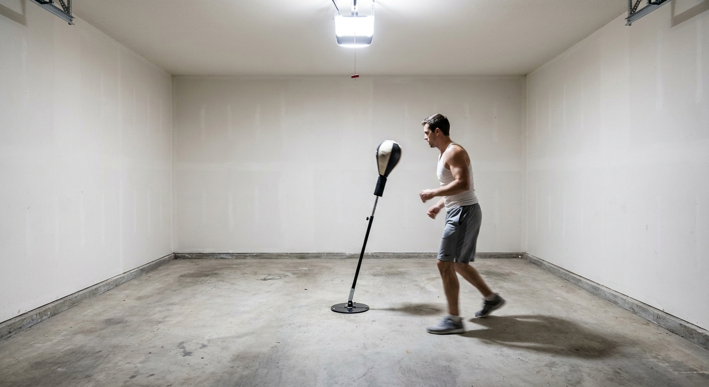 Wide environmental shot of a male boxer mid-footwork drill circling a floor-mounted reflex bag in a concrete garage gym