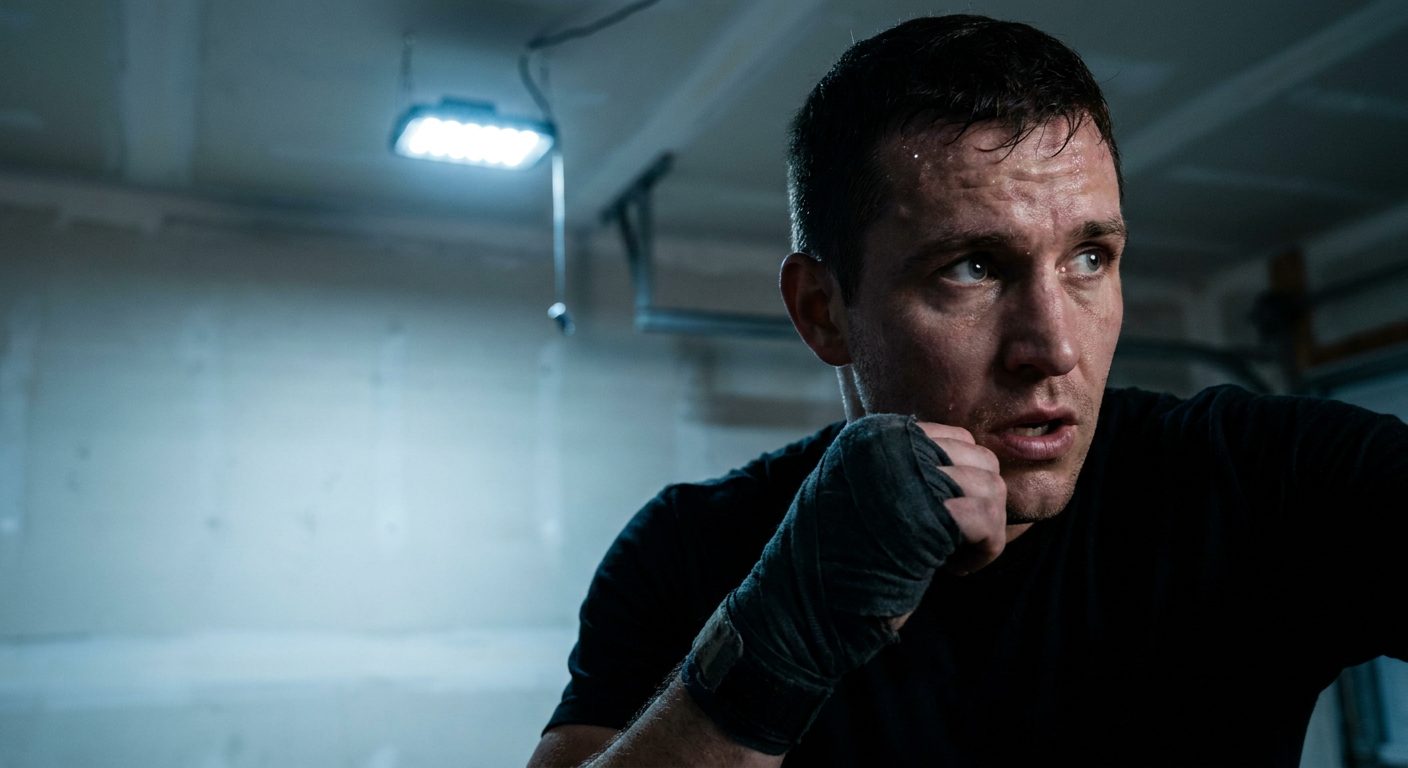 Tight portrait of a male boxer with eyes tracking a target at face height, hand wraps visible at the wrists, sweating mid-drill