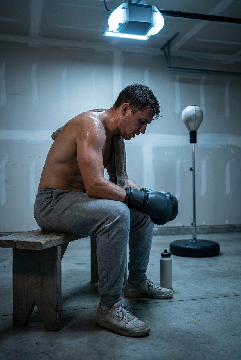Male boxer seated on a wooden bench catching breath between rounds, reflex bag visible in background of a home garage gym