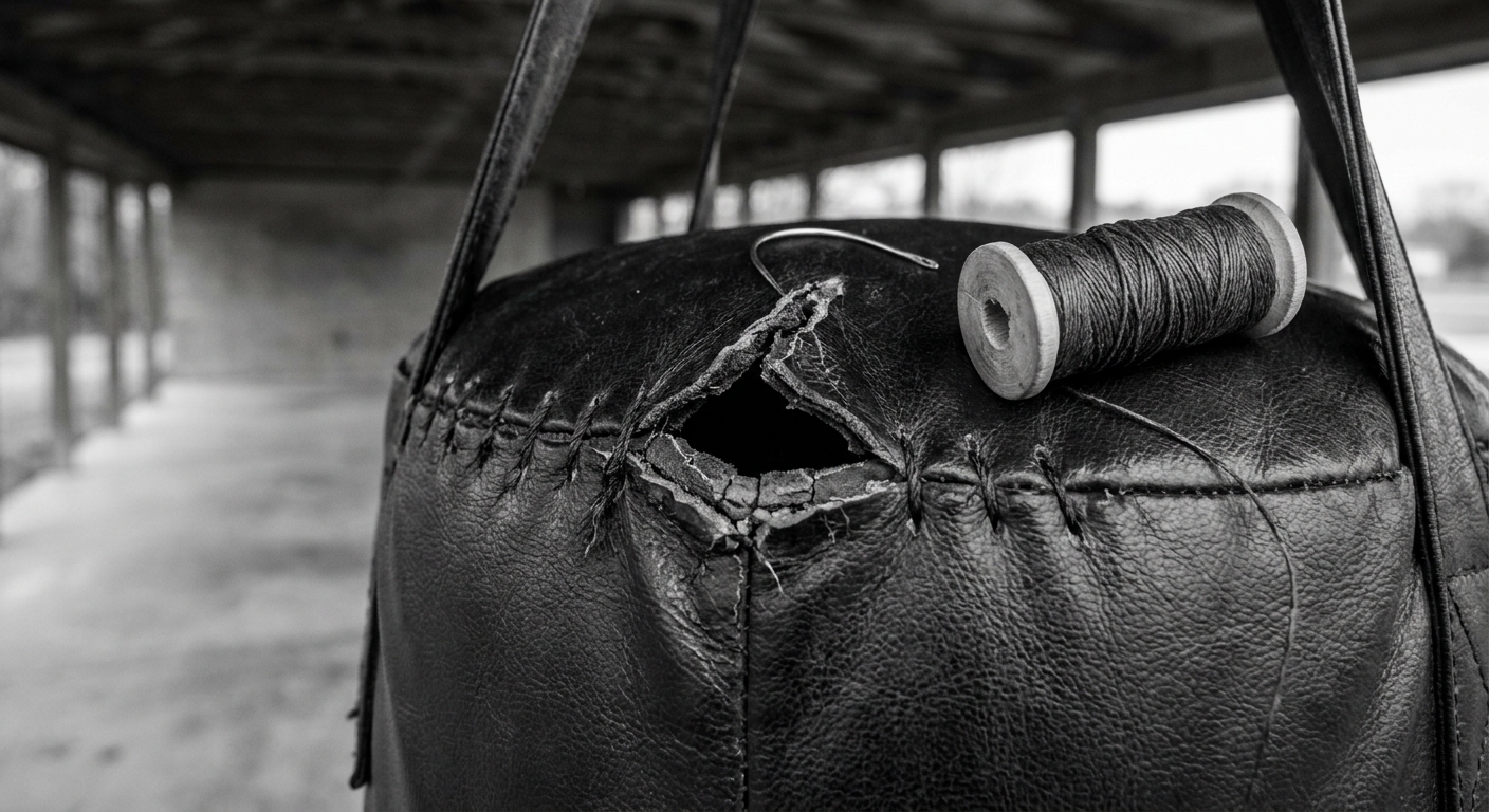 Close-up macro photograph of a split seam on a black heavy bag, stitching pulling apart with cracked material around the damage, a spool of waxed thread and curved needle resting beside the split, overcast diffuse grey light