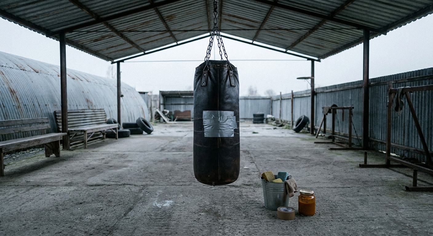 Wide environmental shot of a heavy bag hanging under a roofed outdoor awning, a leather patch visible on the bag midsection, bucket with cleaning supplies and a roll of tape nearby, overcast soft grey light, no person in frame