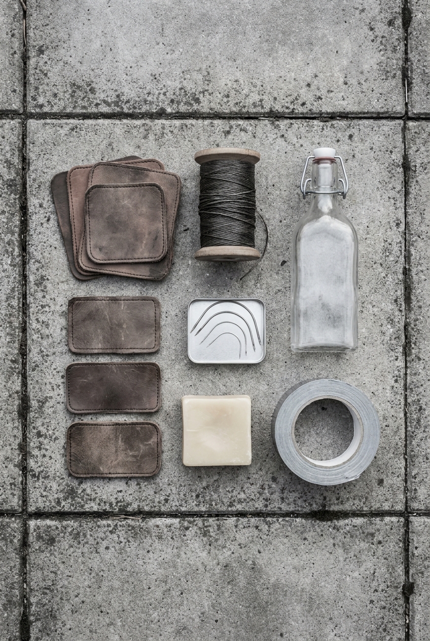 Vertical flat-lay of a heavy bag repair kit on a concrete surface: leather patches, a spool of heavy-gauge thread, curved upholstery needles, beeswax bar, plain-label leather conditioner, roll of tape, overcast grey diffuse light