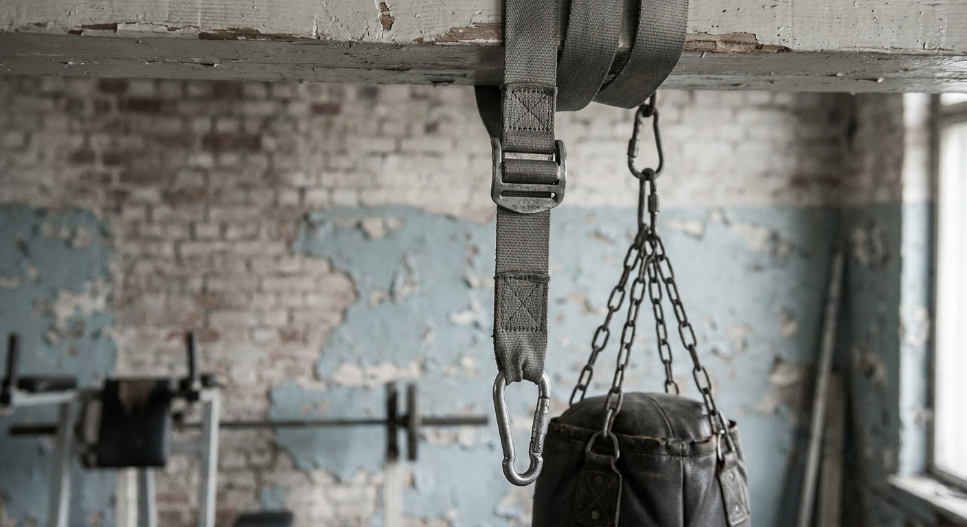 Close-up of a wide nylon strap looped around a ceiling beam in a classic boxing gym with faded paint and exposed brick, overcast grey lighting