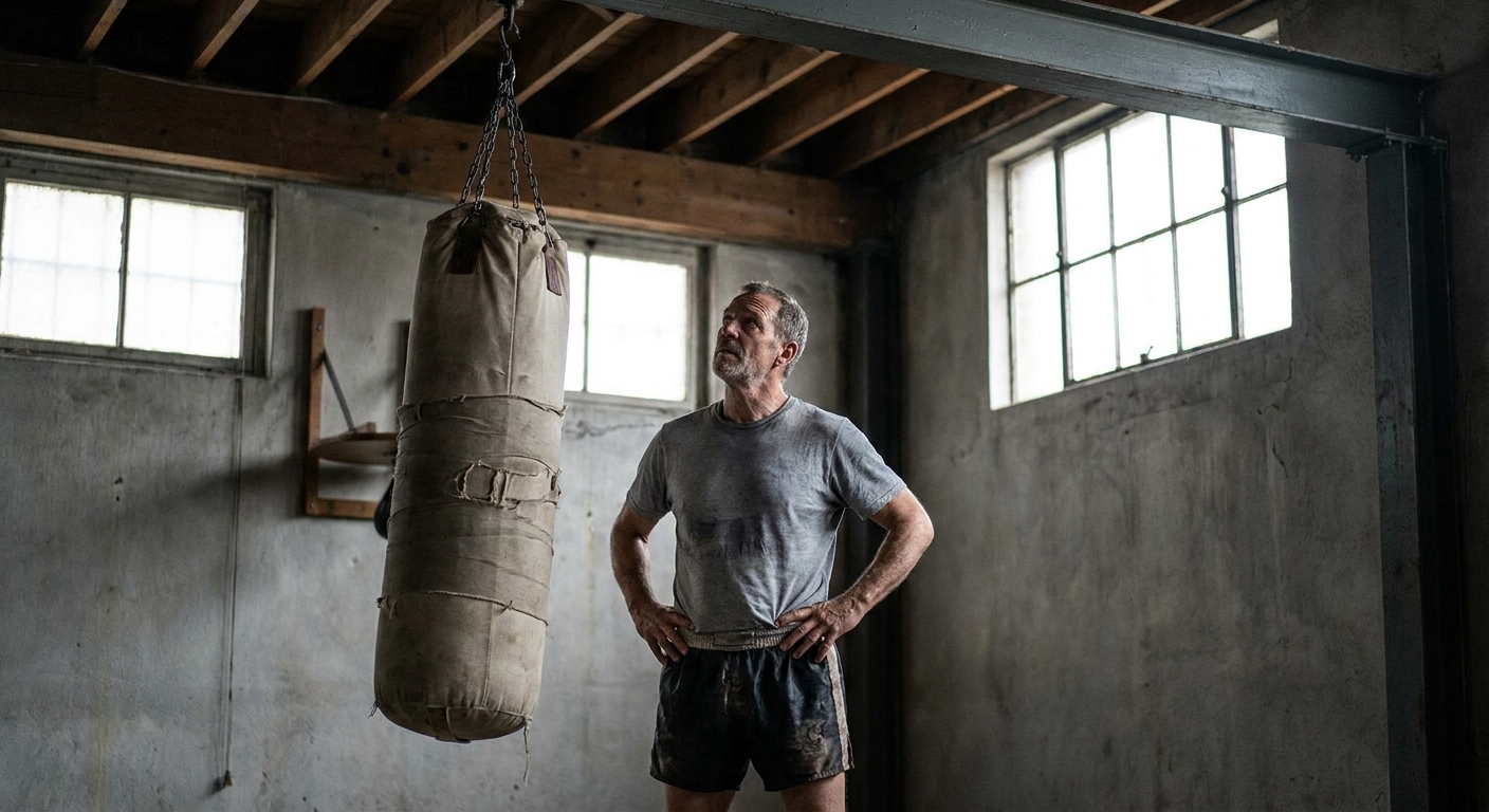 Older male fighter in his 50s standing in a classic boxing gym looking up at a heavy bag hanging from chain suspension, waist-up shot in overcast grey light