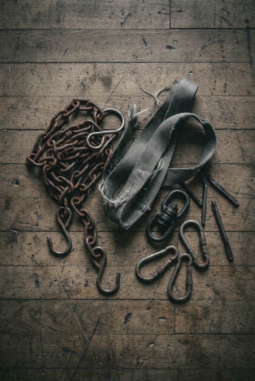 Overhead flat-lay of heavy bag suspension gear on worn wooden gym floor, showing steel chain with S-hooks, wide nylon strap, swivel fitting, and carabiners in overcast grey light