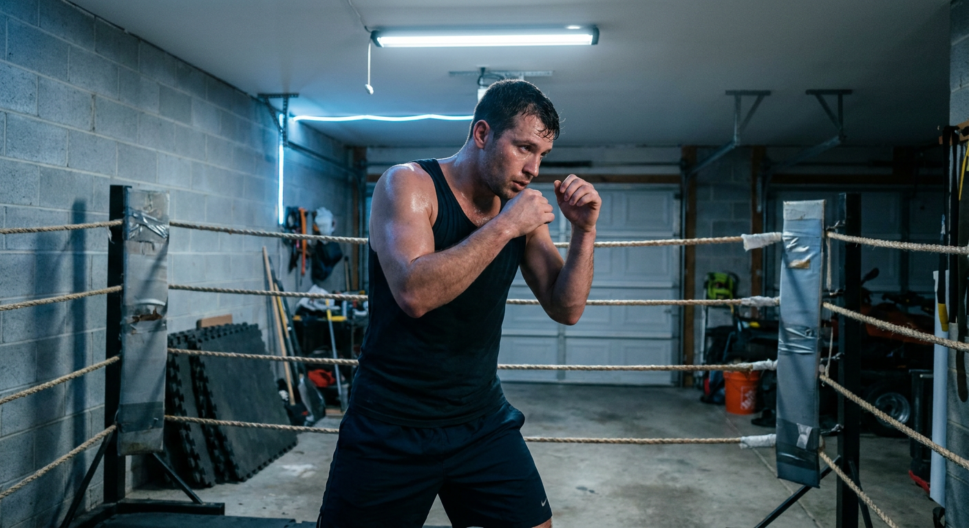 Solo male boxer in orthodox stance inside a home boxing ring set up in a garage with rubber mat flooring and LED overhead lighting