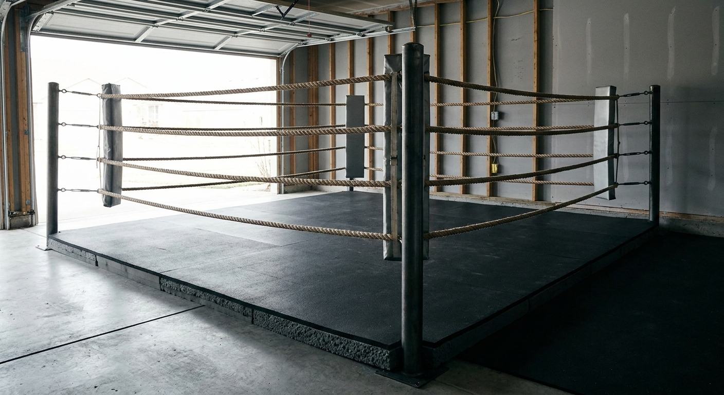 Wide view of a home boxing ring setup in a large garage with four corner posts, rope strands, and layered rubber mat flooring under cool diffuse daylight